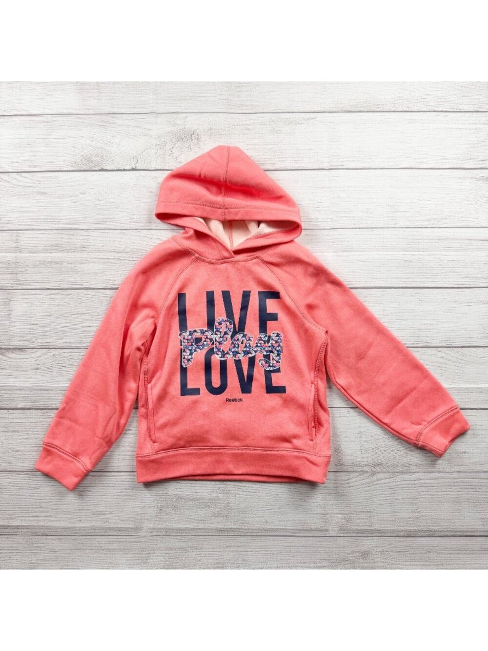 Reebok Girls Coral Hoodie "Live Play Love" Graphic Fleece Lined Pullover XS